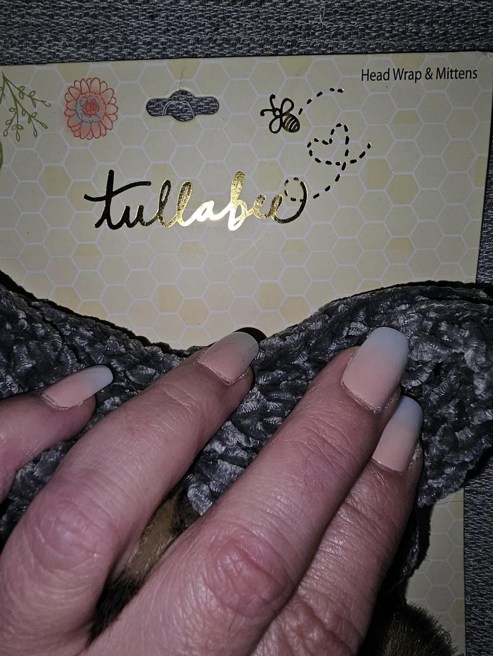 NWT Altar'd State Baby Plush Pom Headwrap & Mittens Set  Gray with Faux Fur Poms